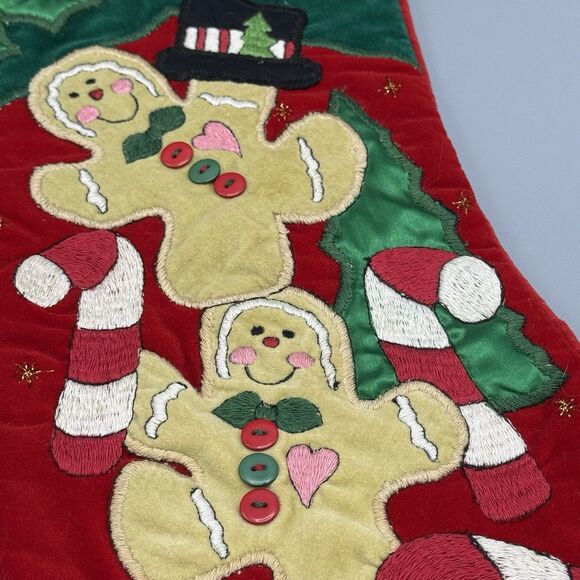 Vintage Gingerbread Kids Vevlety Christmas Stocking Candy Canes Holly Tree 16" L - Picture 2 of 8